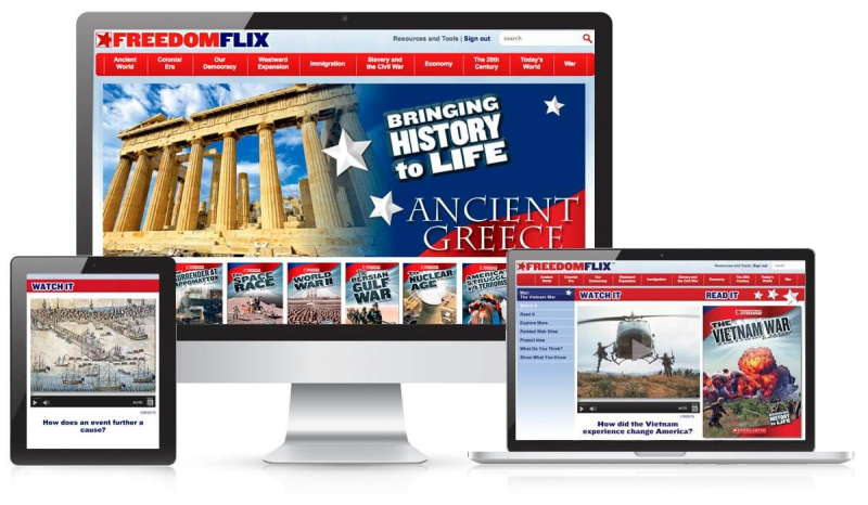 Computer screens showing Freedom Flix homepage